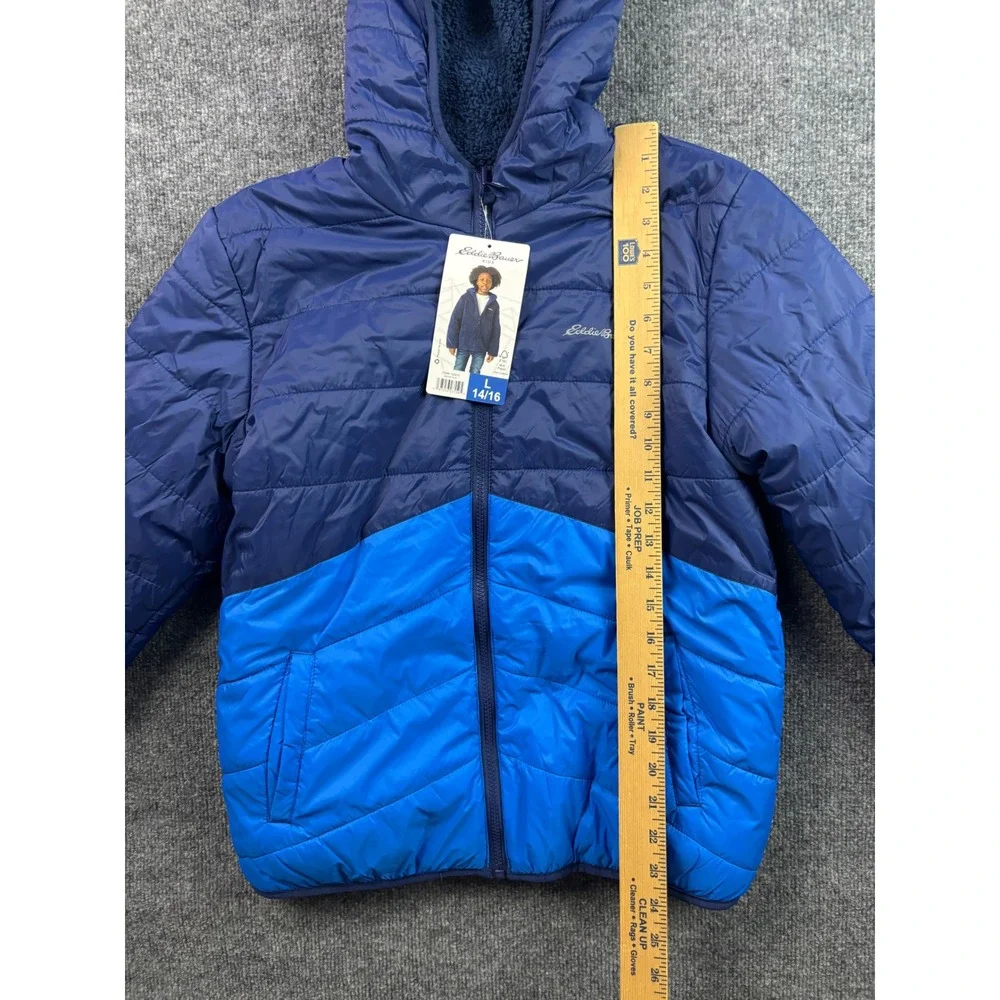 Eddie Bauer Reversible Puffer Jacket Youth L 14/16 Faux Fur Lined Hooded‎ NWT